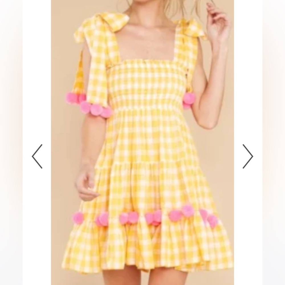 Sundress Pippa Short Dress in Yellow Gingham & Pink Pom Pom Accents - size xs/sm
